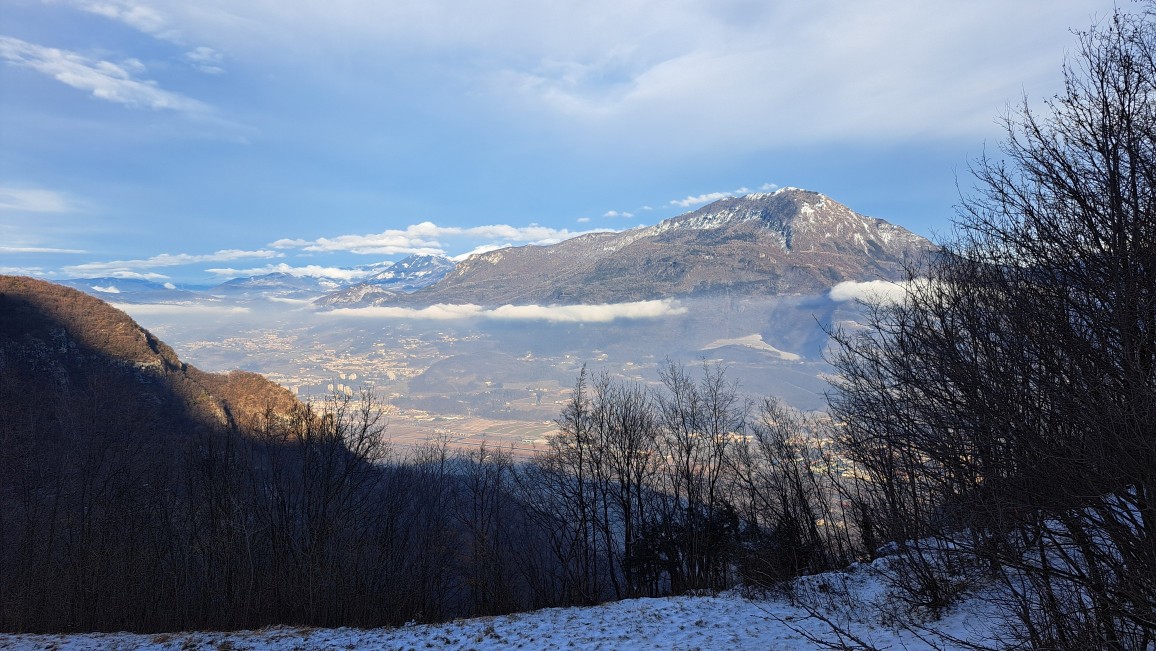 Bild ins Tal mit den wolkenverhangenen Alpen im Hintergrund